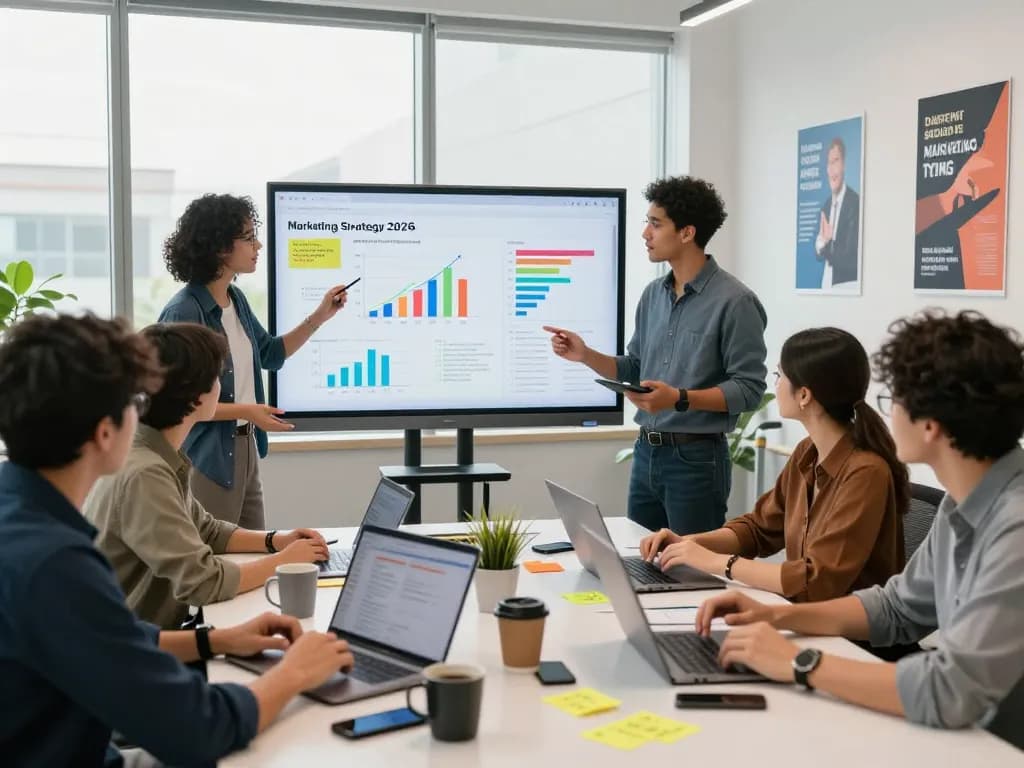 Engaging marketing strategy meeting with team analyzing data and insights for https://7mvna.com/ in a vibrant workspace.