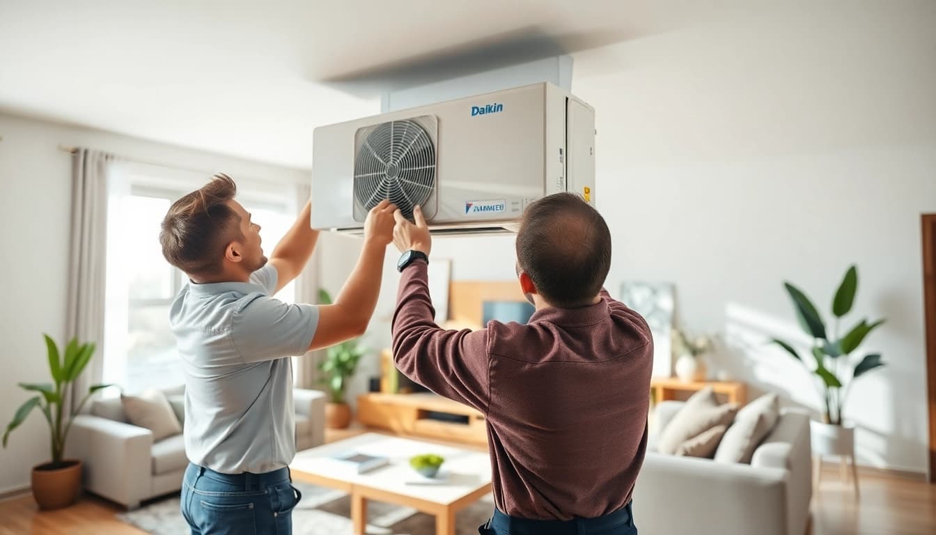 Technician installing a Daikin mini split AC in a stylish living room setting.