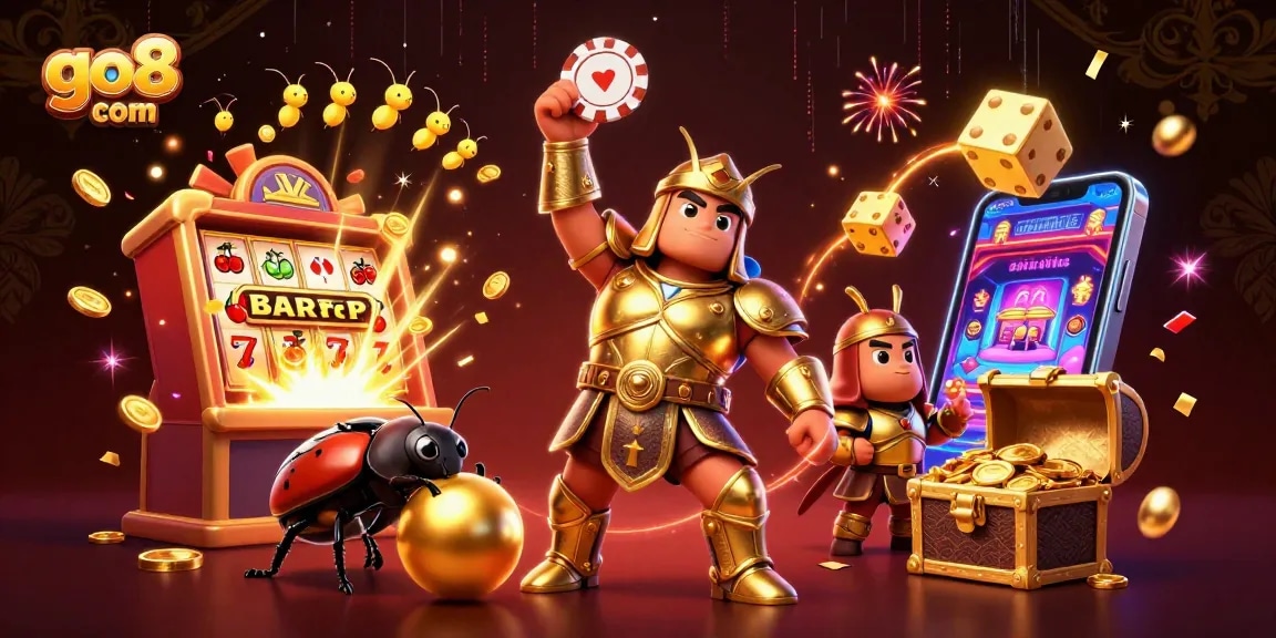 Celebrate big wins at go8 com with a vibrant 3D illustration of a beetle champion lifting a poker chip.