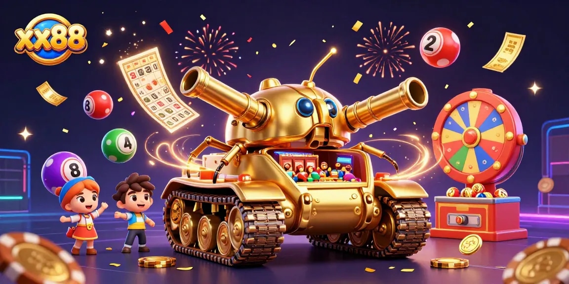 Win big with xx88 in a vibrant explosion of lottery fun, showcasing colorful games and energy.