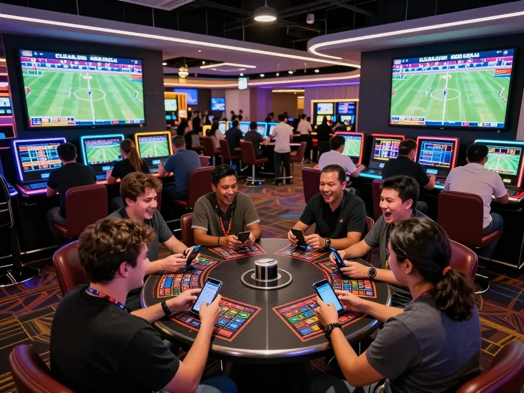 rr88 gratis betting excitement with friends in a vibrant sports casino setting