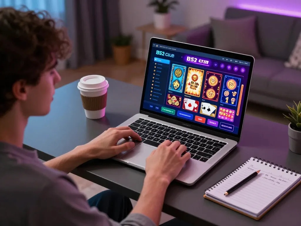 B52 club player engaging in online casino gaming with laptop and strategic notes