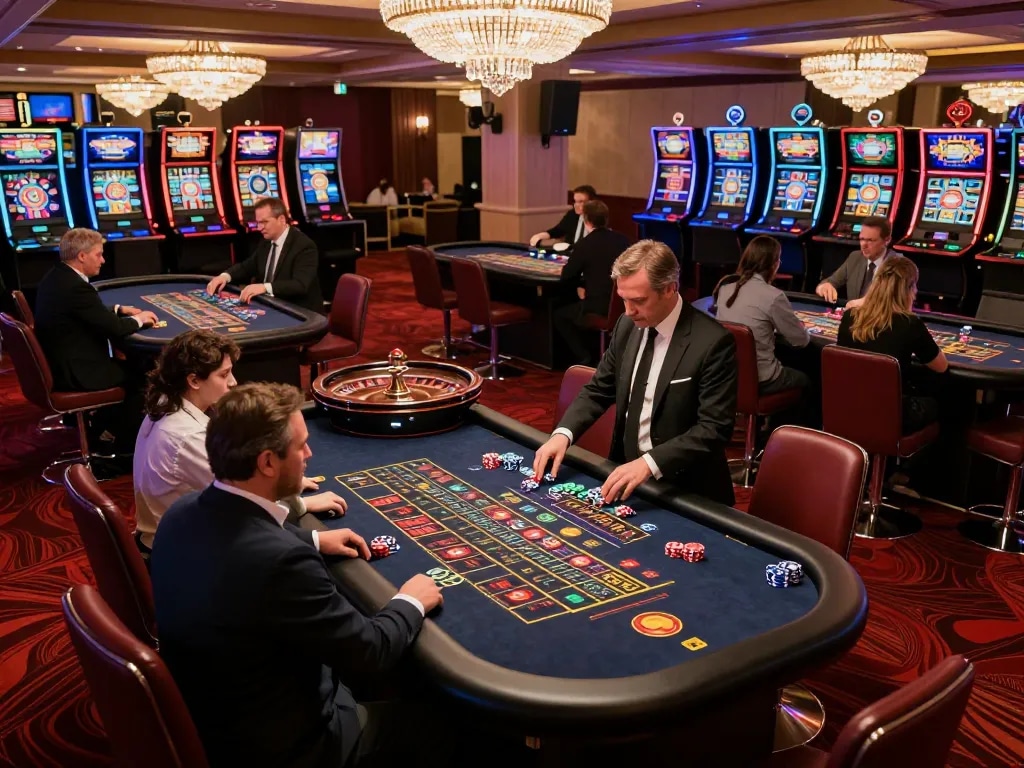 GA88 players engaging at roulette tables, showcasing vibrant chips and a spinning wheel in action.