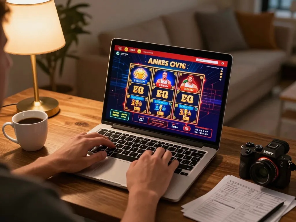 Engaged player at nhà cái bet88 placing bets on online slots, showcasing vibrant gameplay interface and personal gaming setup.