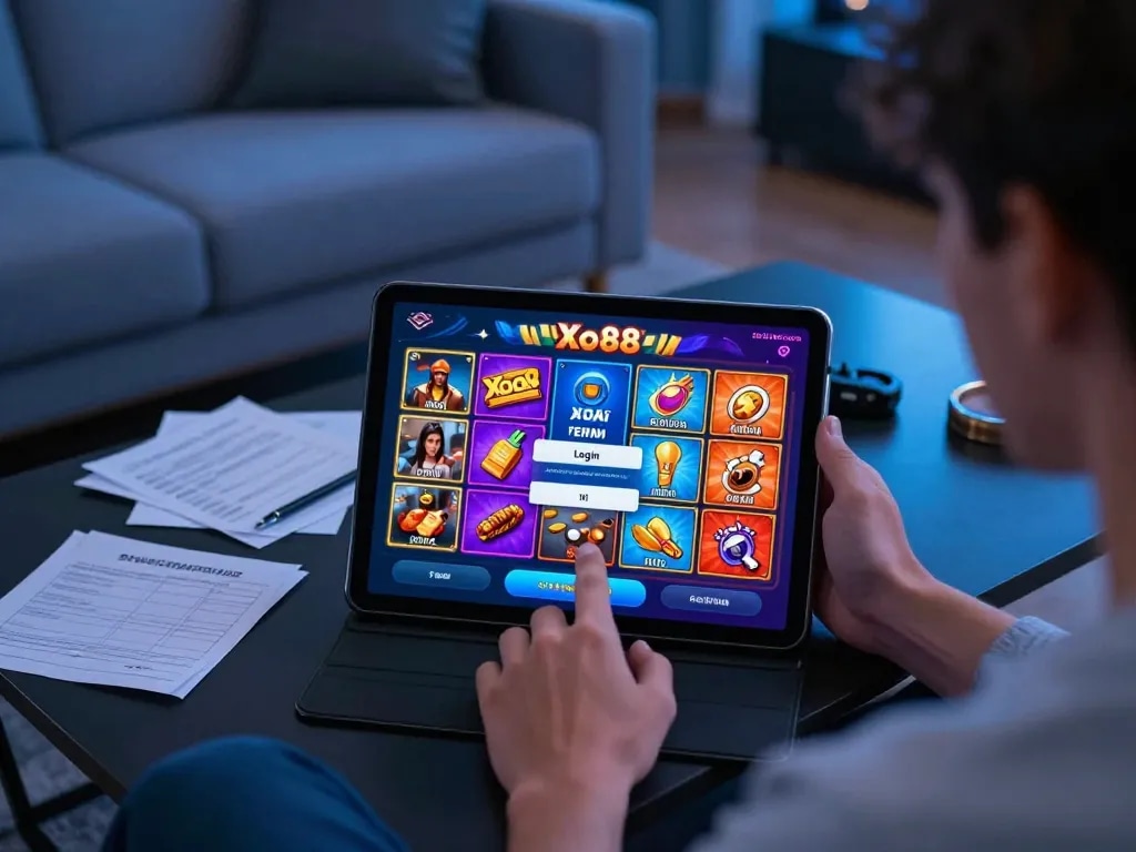 Login Xo88 interface showcased on a stylish home tablet during an exciting online gaming session.