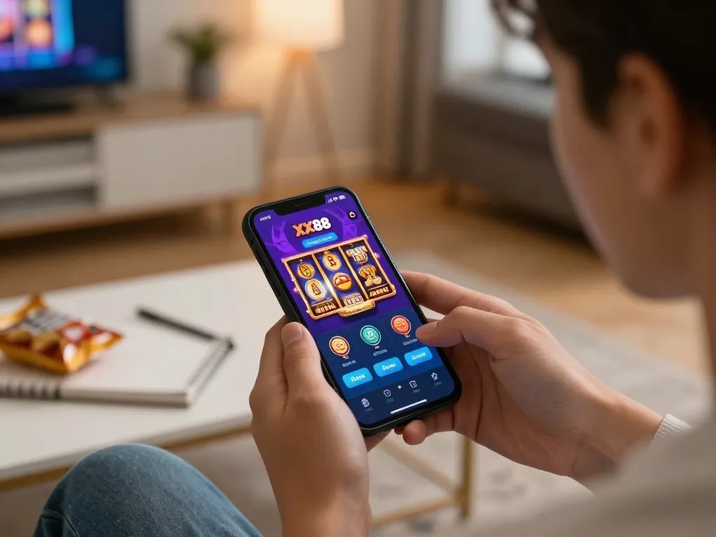 Engaging in online gaming at https://xx88gg.net/ with a smartphone in a cozy living room setting