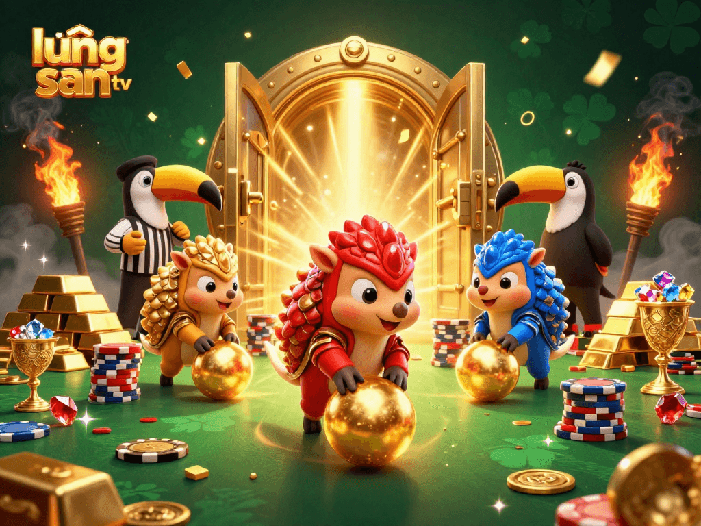 Experience the excitement at lương sơn tv as cartoon pangolins roll into golden balls, surrounded by dazzling treasures and poker chips.