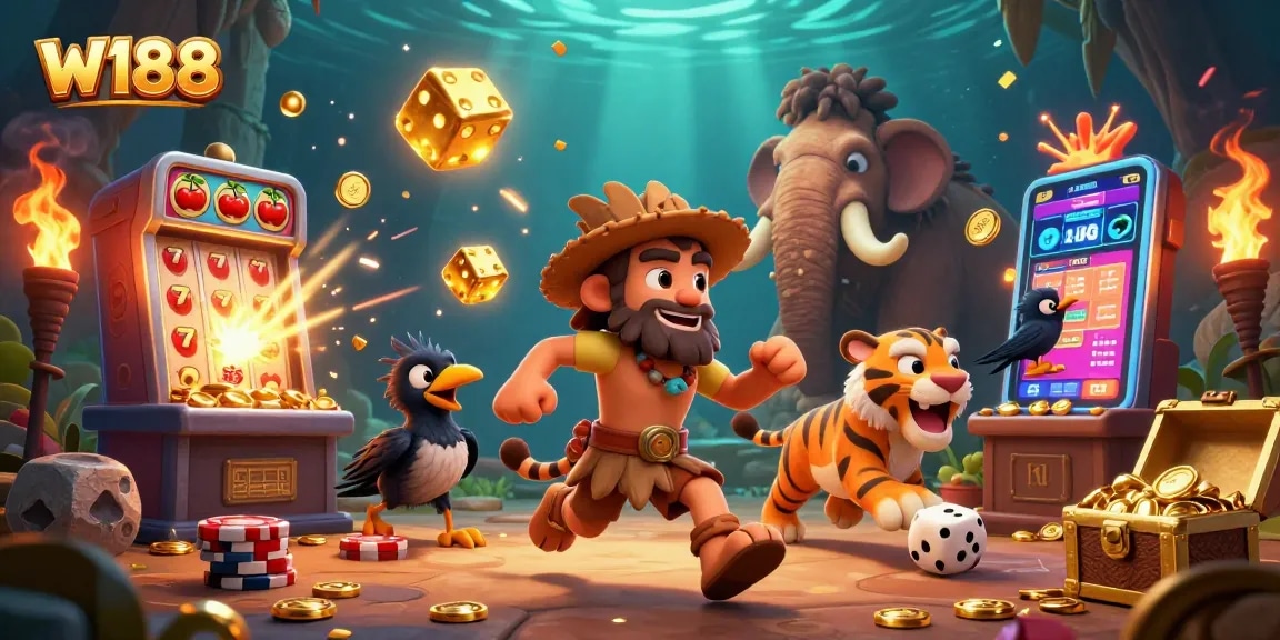 Experience the excitement of W188 with the caveman, sabertooth tiger, and a crow in a prehistoric casino.