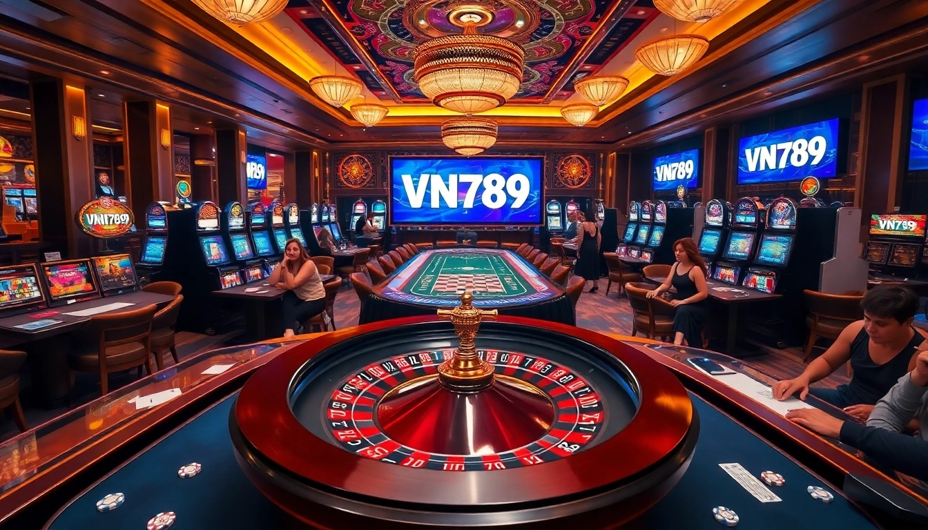 Experience the thrill of gambling at VN789 with a luxurious casino scene featuring a roulette wheel and enthusiastic players.