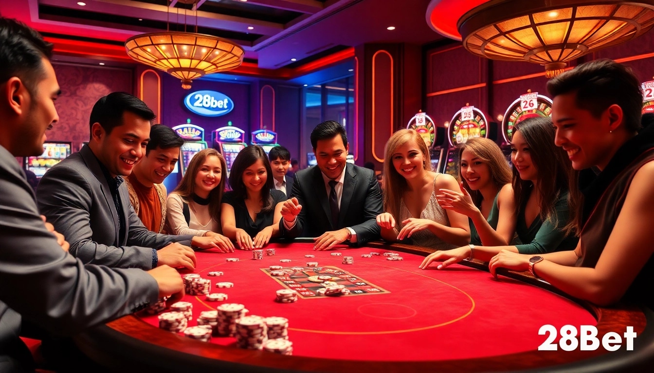 Experience the thrill of gambling at 28bet with a lively casino scene featuring poker and roulette.