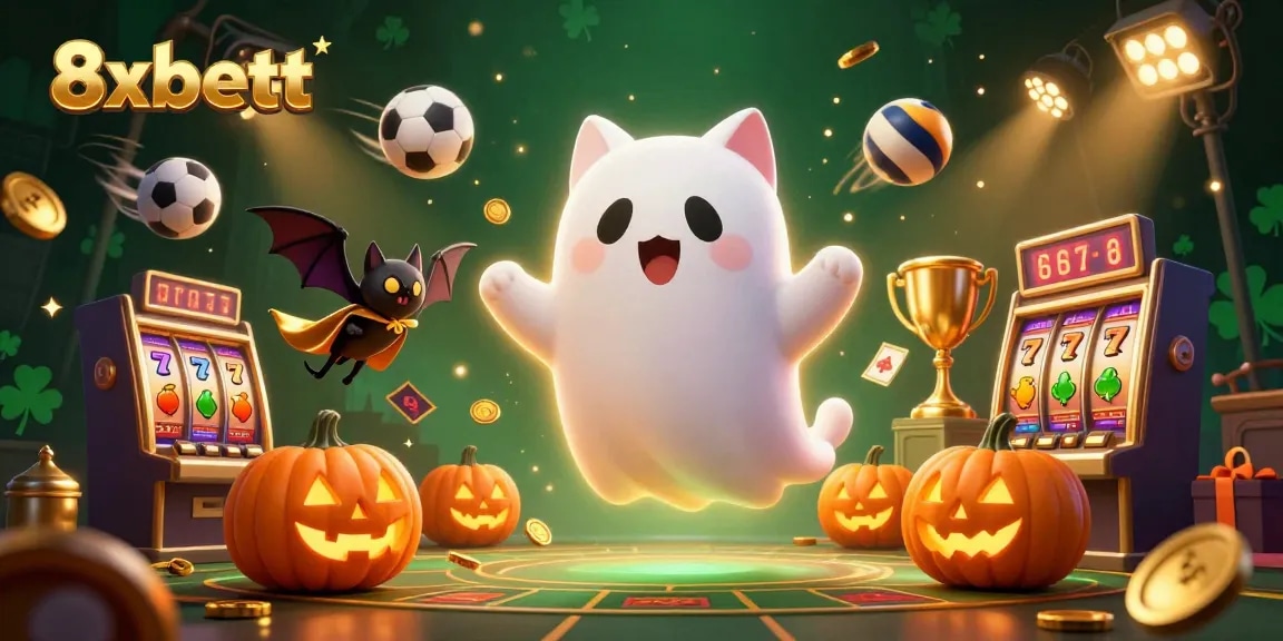 Experience thrilling adventures with 8xbett in a lively haunted casino scene featuring unique characters.