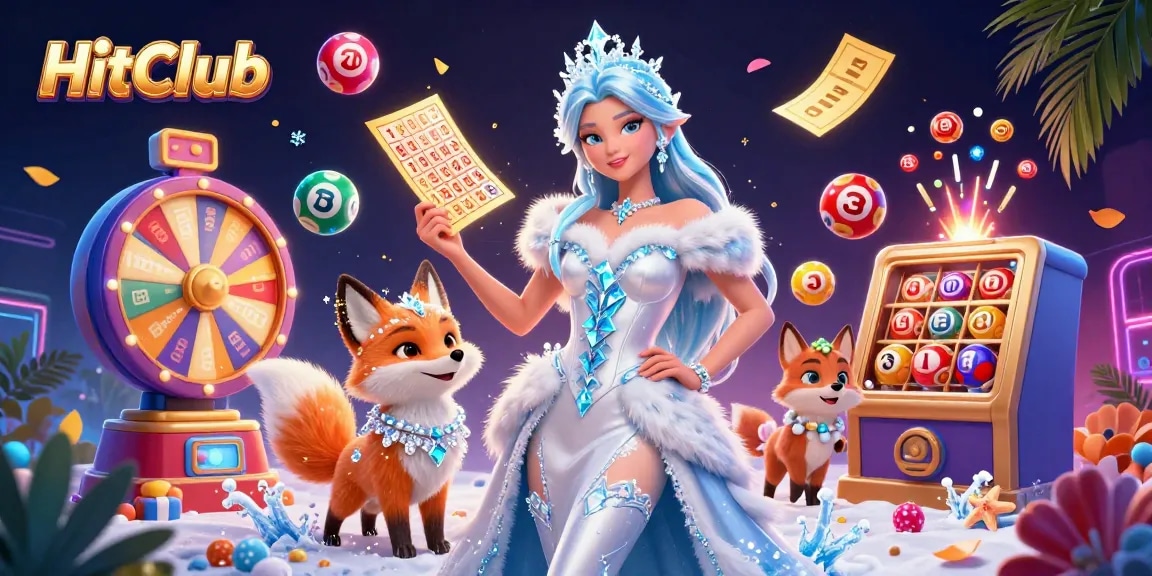 HitClub presents a dynamic scene with a 3D ice queen amidst colorful lottery elements for thrilling gameplay.