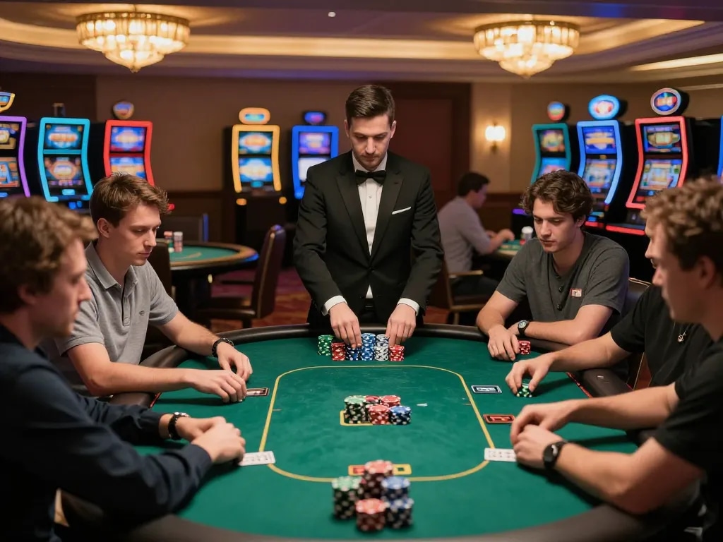 Experience the excitement of high-stakes poker at Sky88 with engaged players and warm casino ambiance.