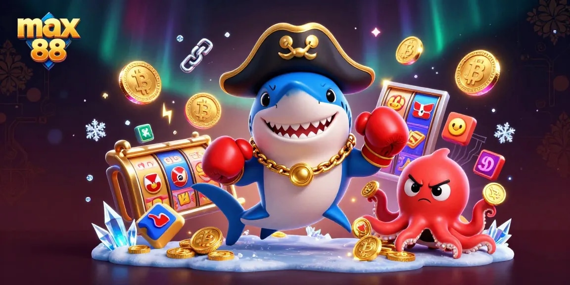 Experience thrilling games with max 88 represented by a vivid 3D pirate-themed casino scene featuring gold coins.