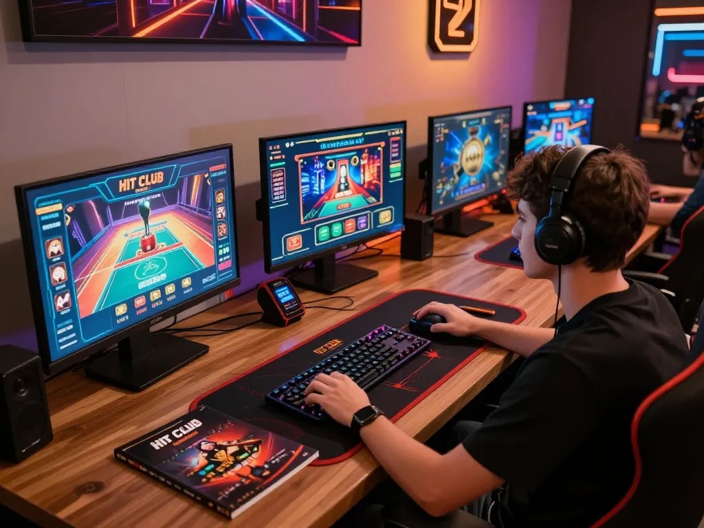 Player engaging in strategic gameplay at Hit club online casino setup with screens showing games and betting options.