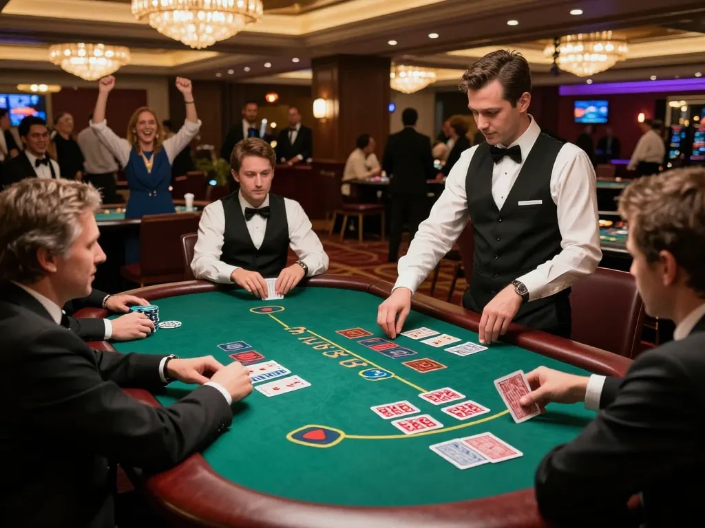 Players enjoying strategic blackjack at an upscale casino table, showcasing the intense atmosphere with da88.