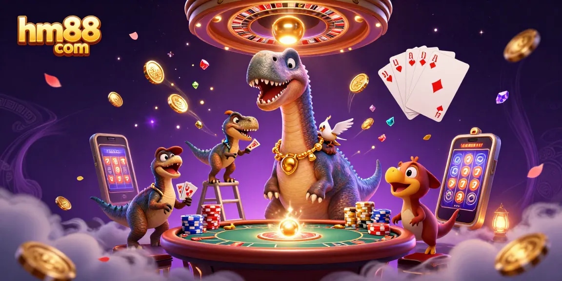 Engage in thrilling games at hm88 com with a vibrant scene of a giant brontosaurus and clever raptor in a casino.