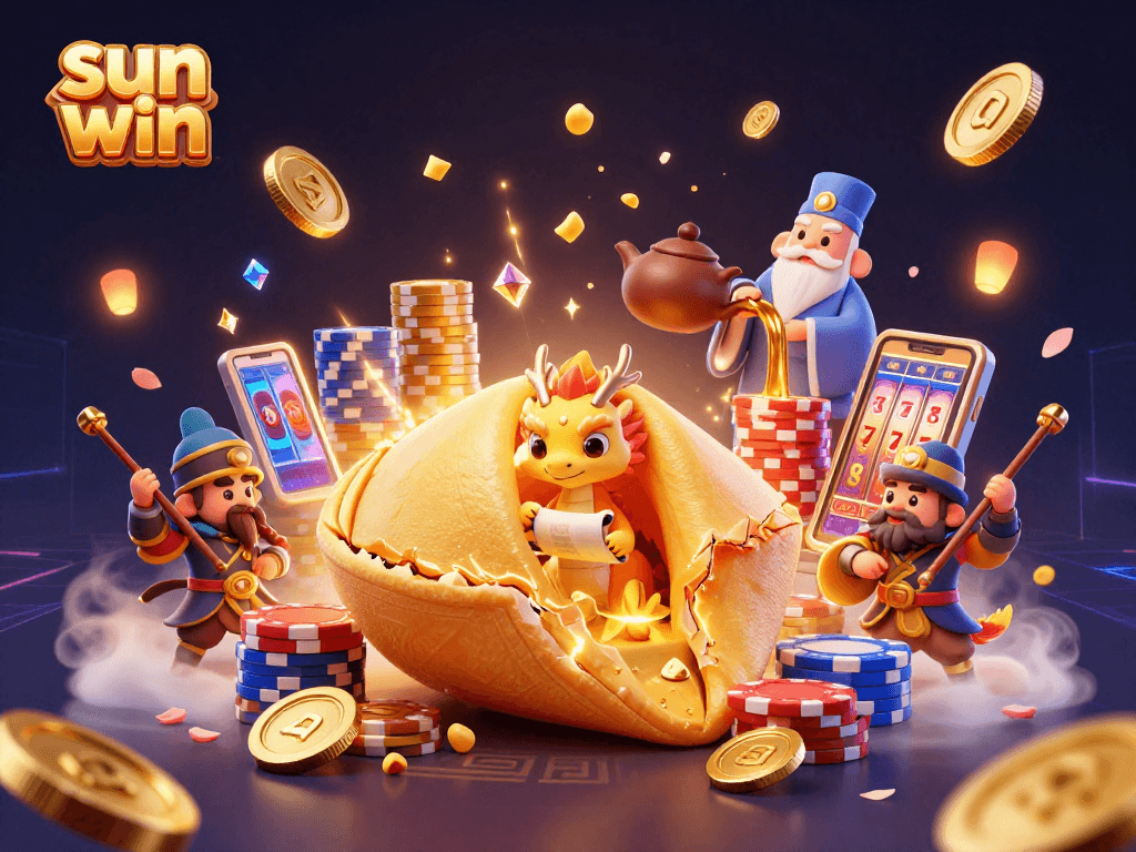 Experience big wins at sun win with this vibrant casino-themed illustration showcasing festive action.