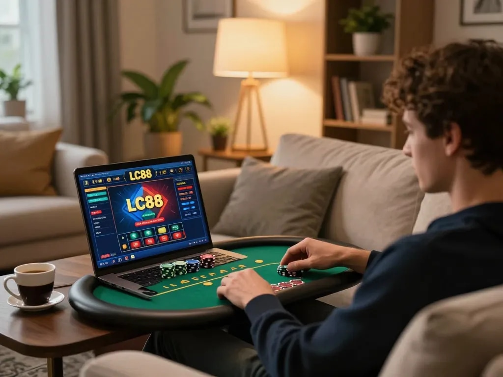 LC88 player engaging in online casino game from the comfort of home sofa