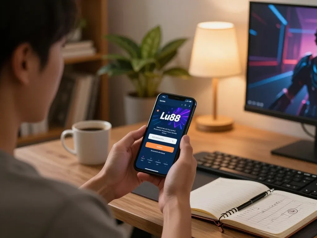 Login Lu88 for online betting on smartphone in cozy home gaming setup with strategic notes.