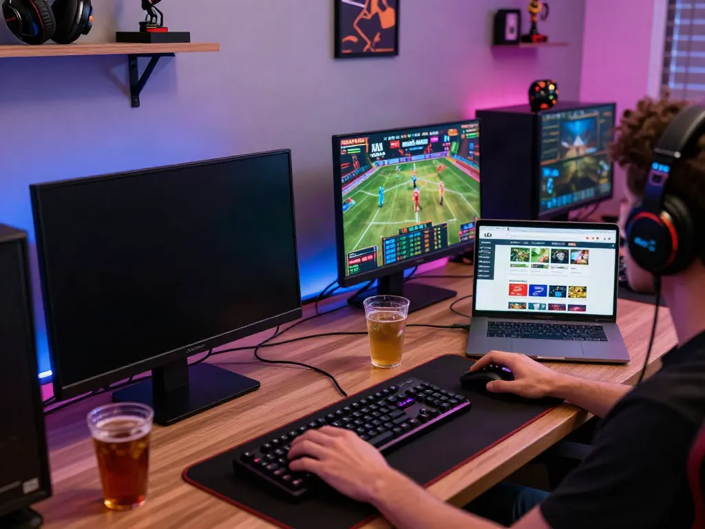 Man88: Engaged player at gaming desk with vibrant atmosphere and online casino games.