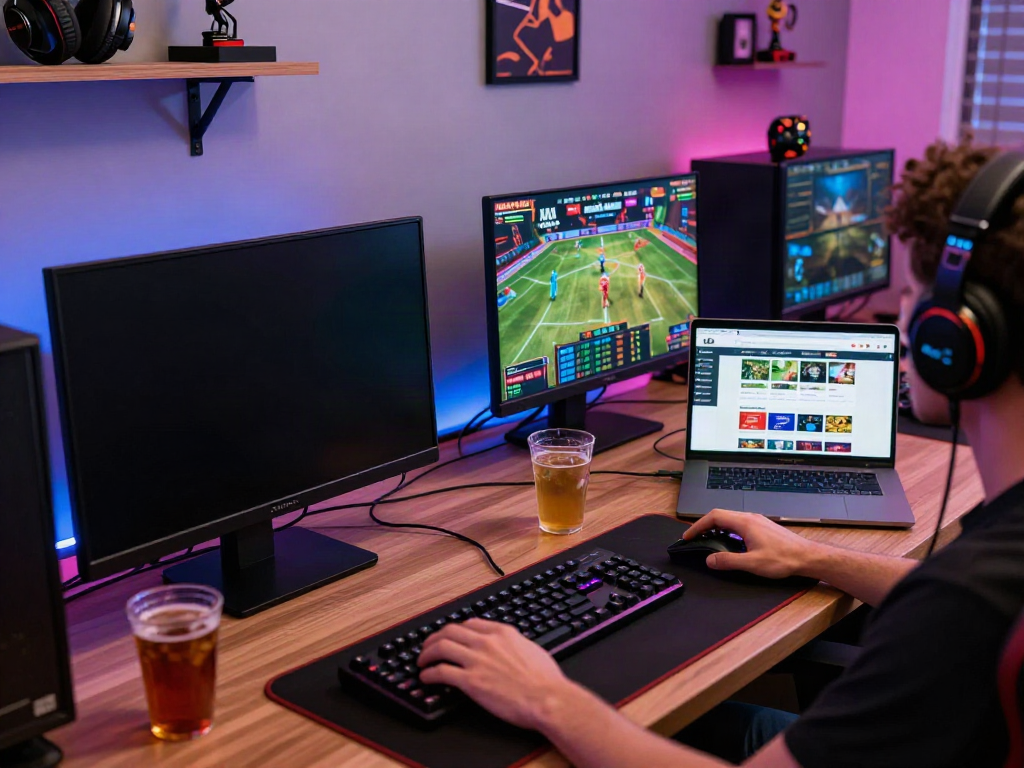 Man88: Engaged player at gaming desk with vibrant atmosphere and online casino games.