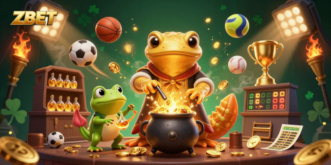 ZBET showcases a golden salamander alchemist transforming metals into gold, surrounded by dynamic sports elements.
