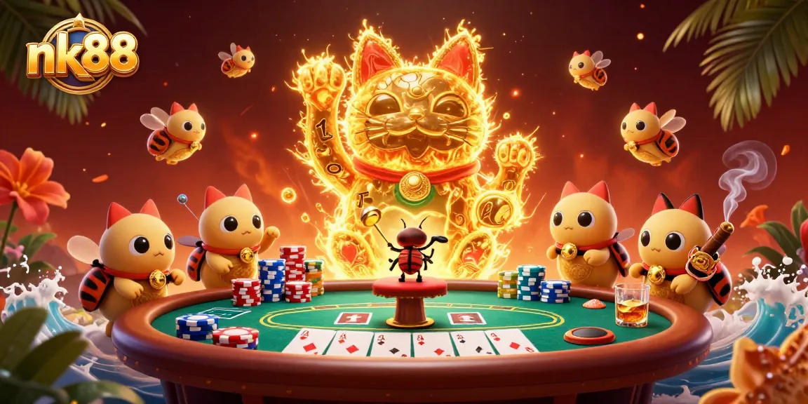 Experience the excitement with nk88 as golden fireflies form a lucky cat amidst vibrant casino symbols.