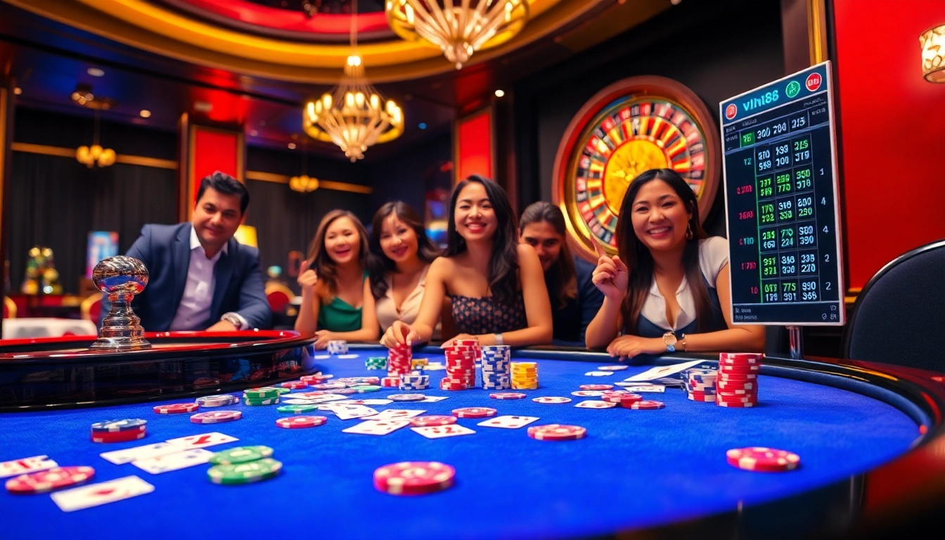 Action-packed gambling at the gaming table of website vin88 with poker chips and cards.