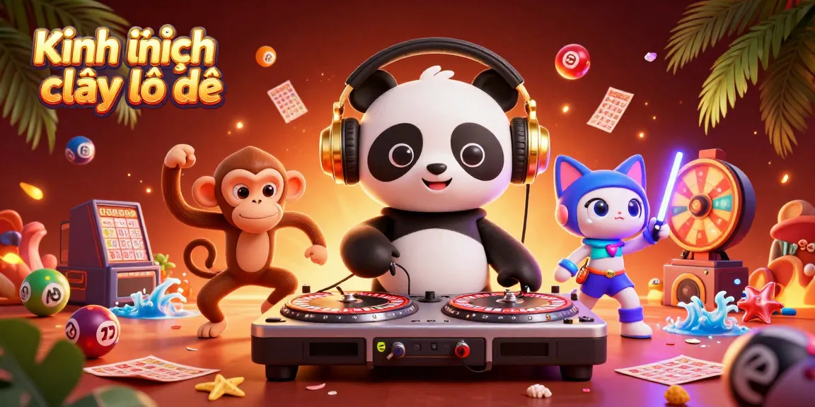 Kinh nghiệm chơi lô đề illustrated in vibrant scene featuring a DJ panda and a breakdancing monkey.