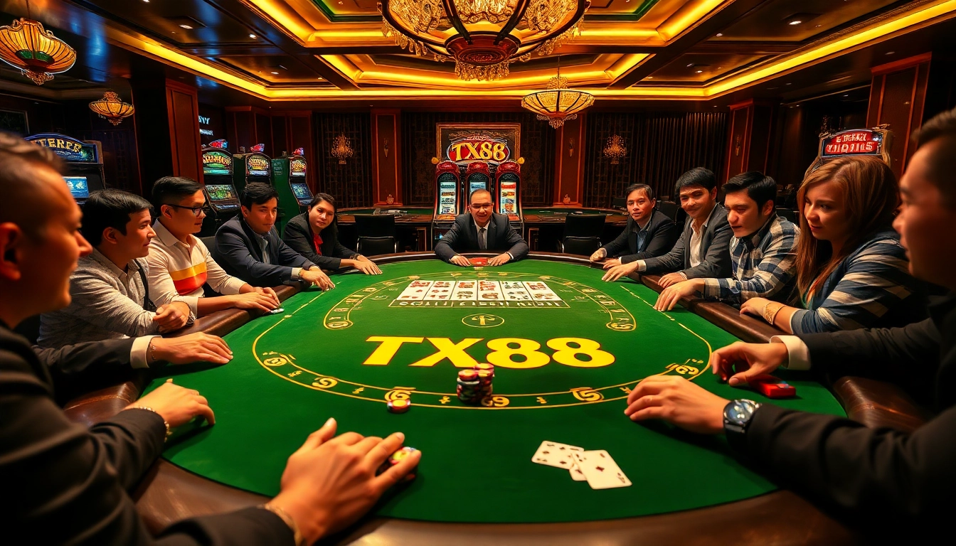 Engage in thrilling casino action with TX88-themed poker gameplay at a lavish table.