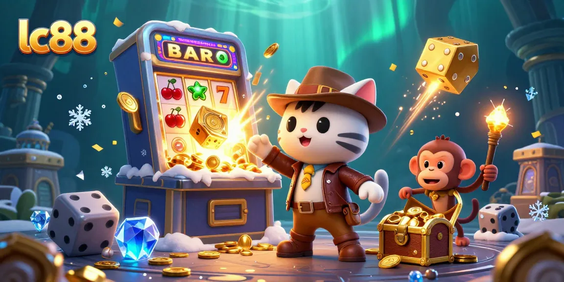 Experience thrilling adventures with lc88 in this vibrant 3D casino illustration featuring action-packed games.