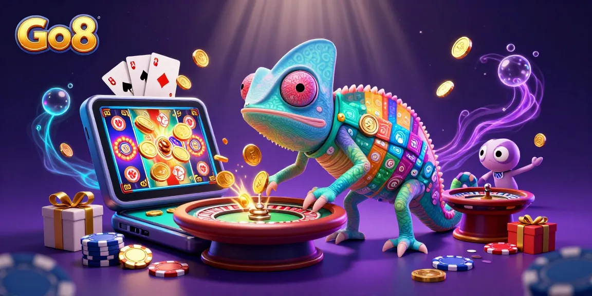 Engage with Go8's immersive casino world featuring a colorful chameleon owner and dynamic games
