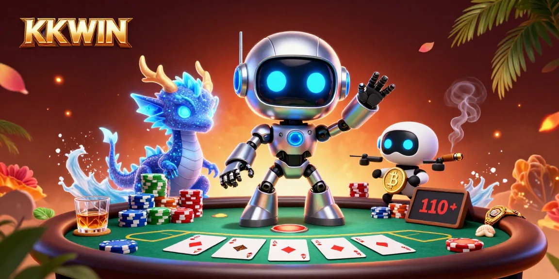 Experience thrilling poker action with KK WIN and the dynamic robotic mascot in a vibrant casino atmosphere.