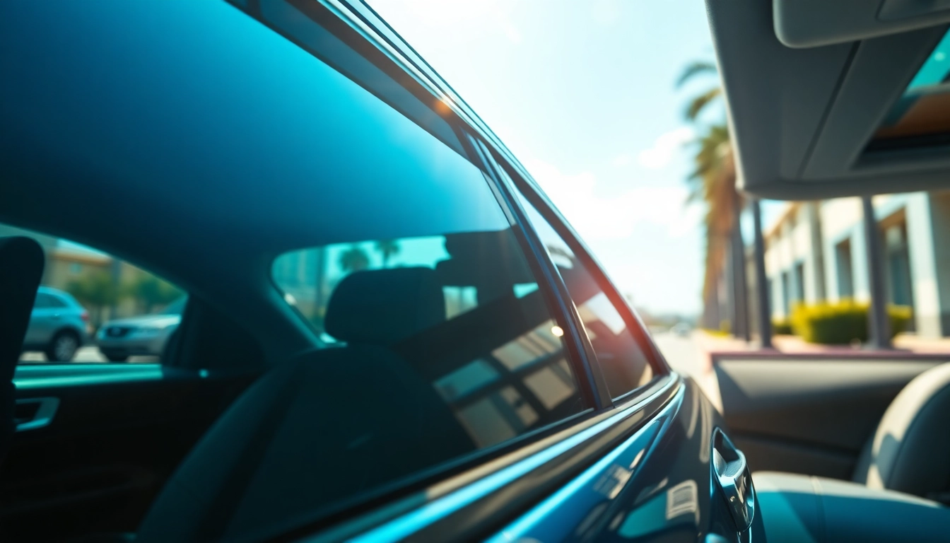 See vibrant reflections of auto window tint near me on a stylish vehicle in sunlit city surroundings.