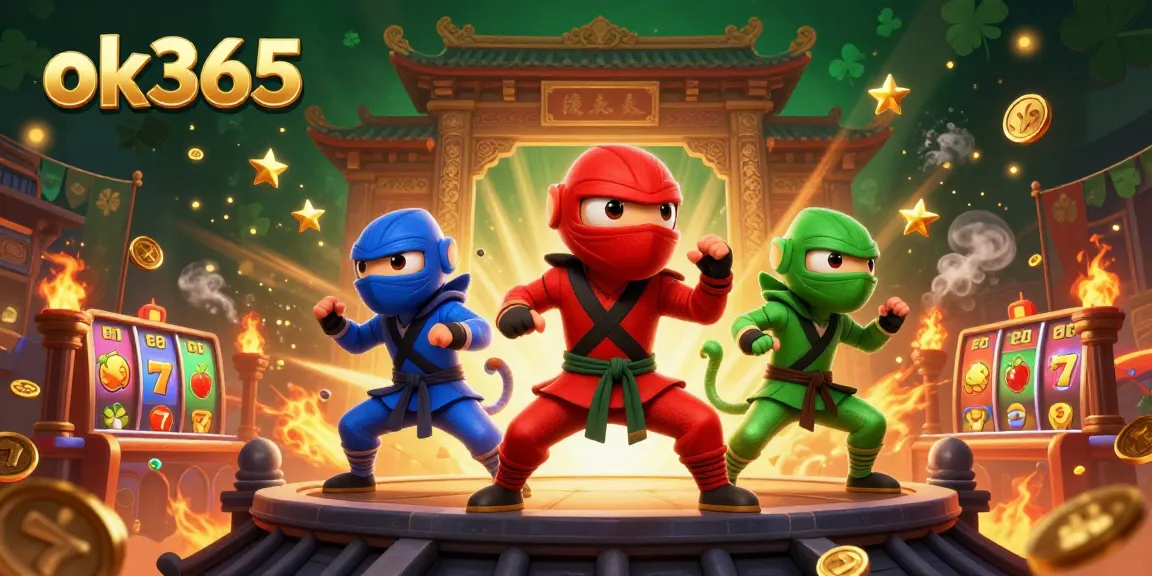 Engage with ok365 as chameleon ninjas leap into a vibrant casino battle, surrounded by slots and gold coins.