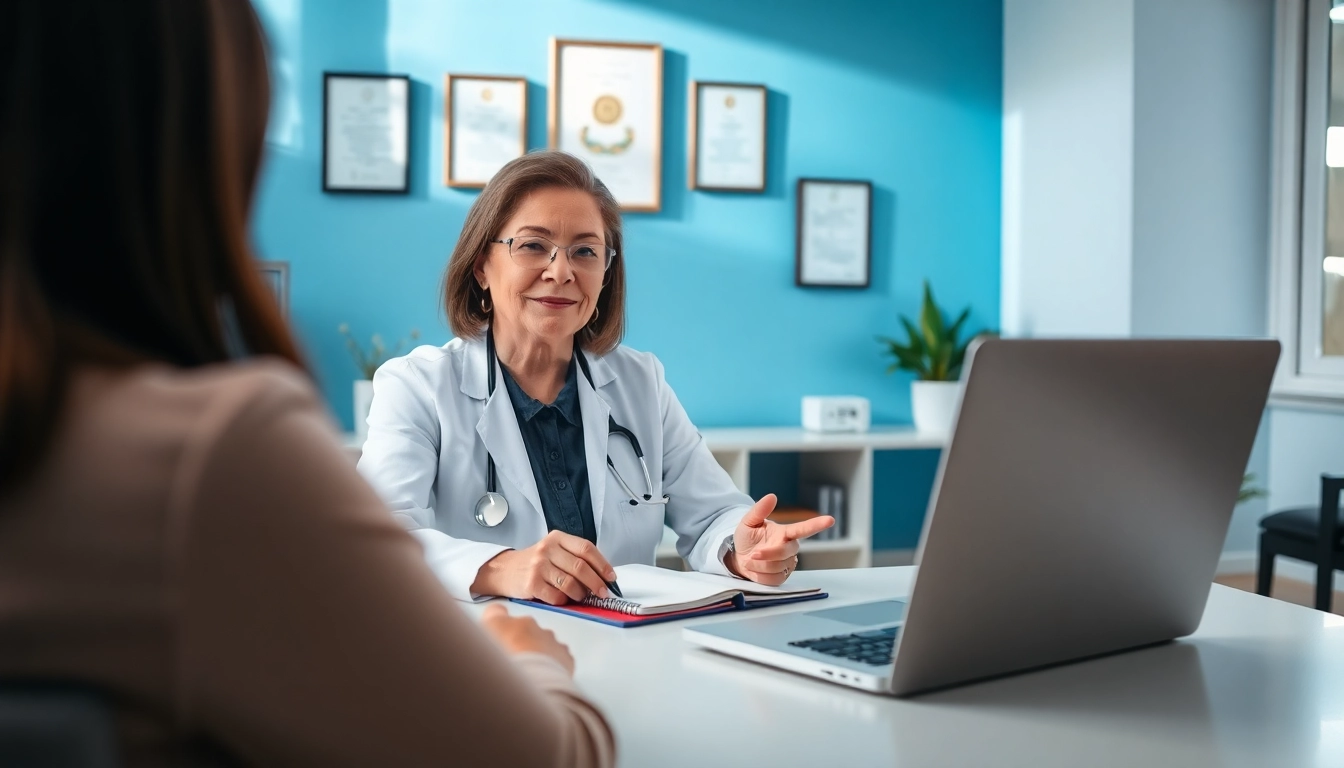 Telehealth doctor for prescriptions providing virtual consultation in a contemporary home office.