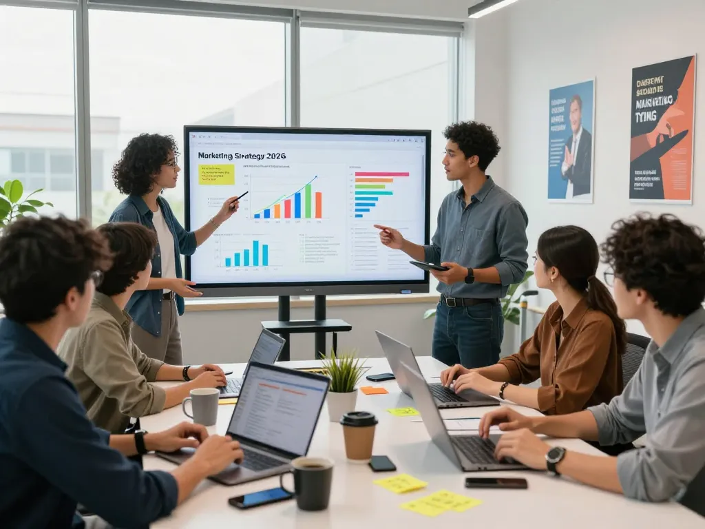 Engaging marketing strategy meeting with team analyzing data and insights for https://7mvna.com/ in a vibrant workspace.