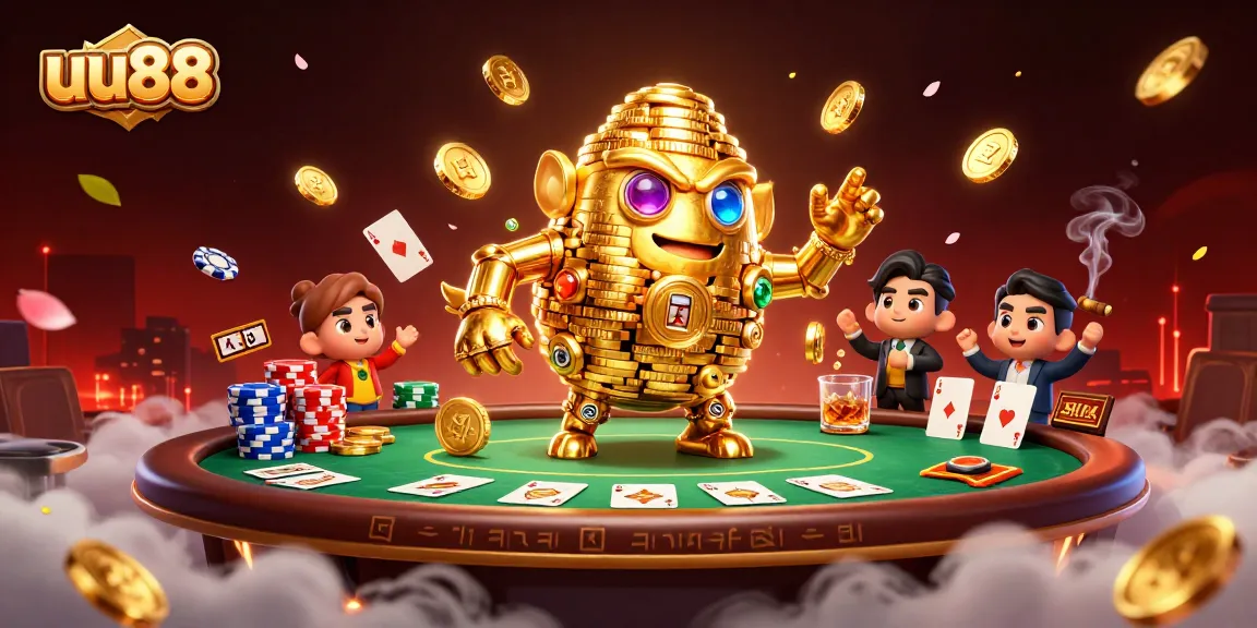 Experience thrilling gameplay with the uu88 ancient golden golem surrounded by poker elements and vibrant gaming atmosphere.