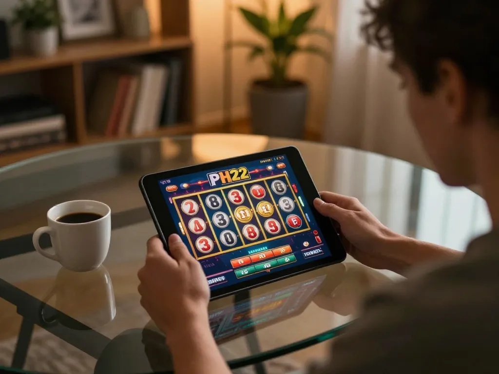 Engaging in online entertainment with PH22 casino app on tablet as reels spin.