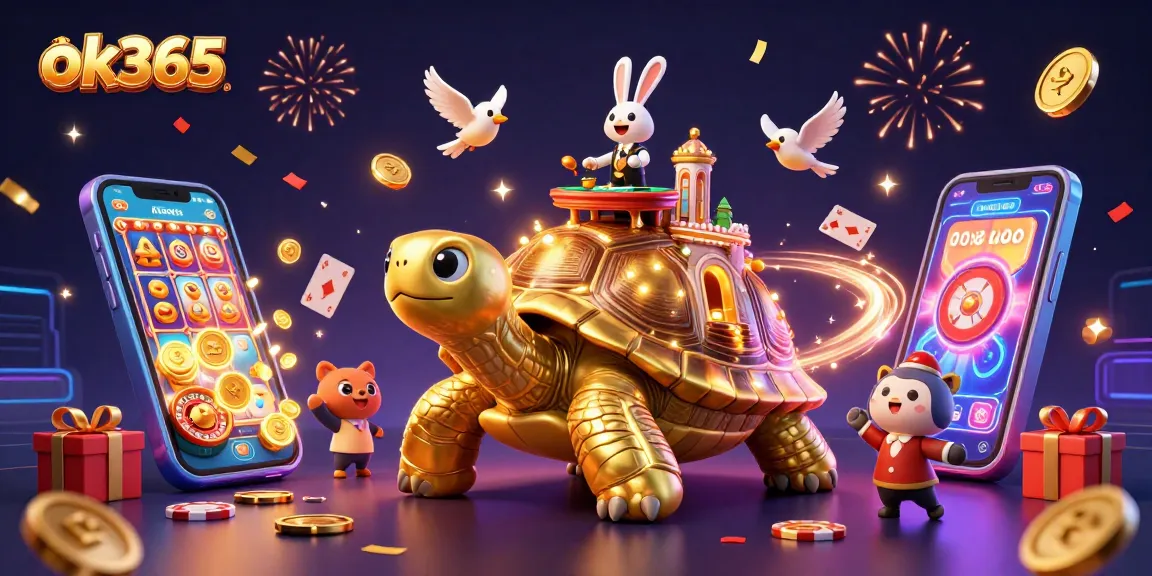 Experience thrilling gaming action at ok365 with a whimsical golden tortoise casino scene.