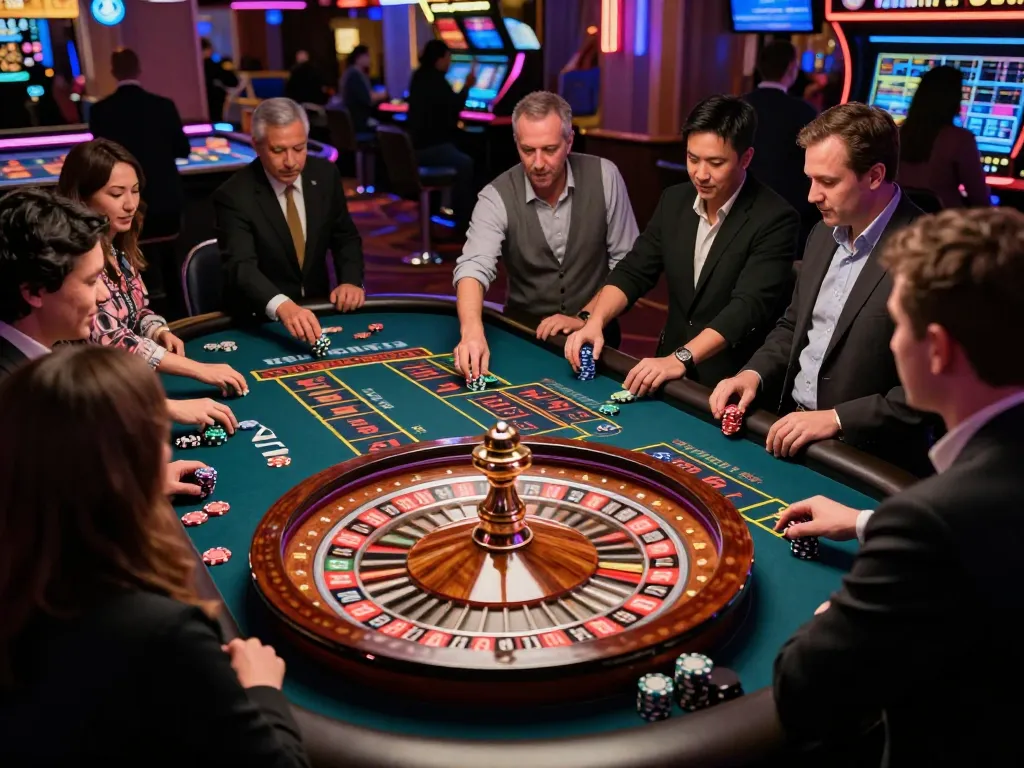 Players engaging in an exciting roulette game at a casino with colorful chips and intense focus on vb88 bets.