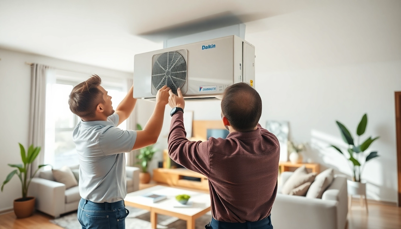 Technician installing a Daikin mini split AC in a stylish living room setting.