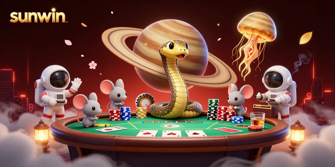 Sunwin showcases a vibrant gambling scene with mice betting on a roulette wheel in space.