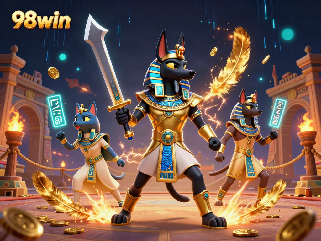 Experience thrilling gameplay at 98win with Anubis and Bastet amidst rich casino elements.