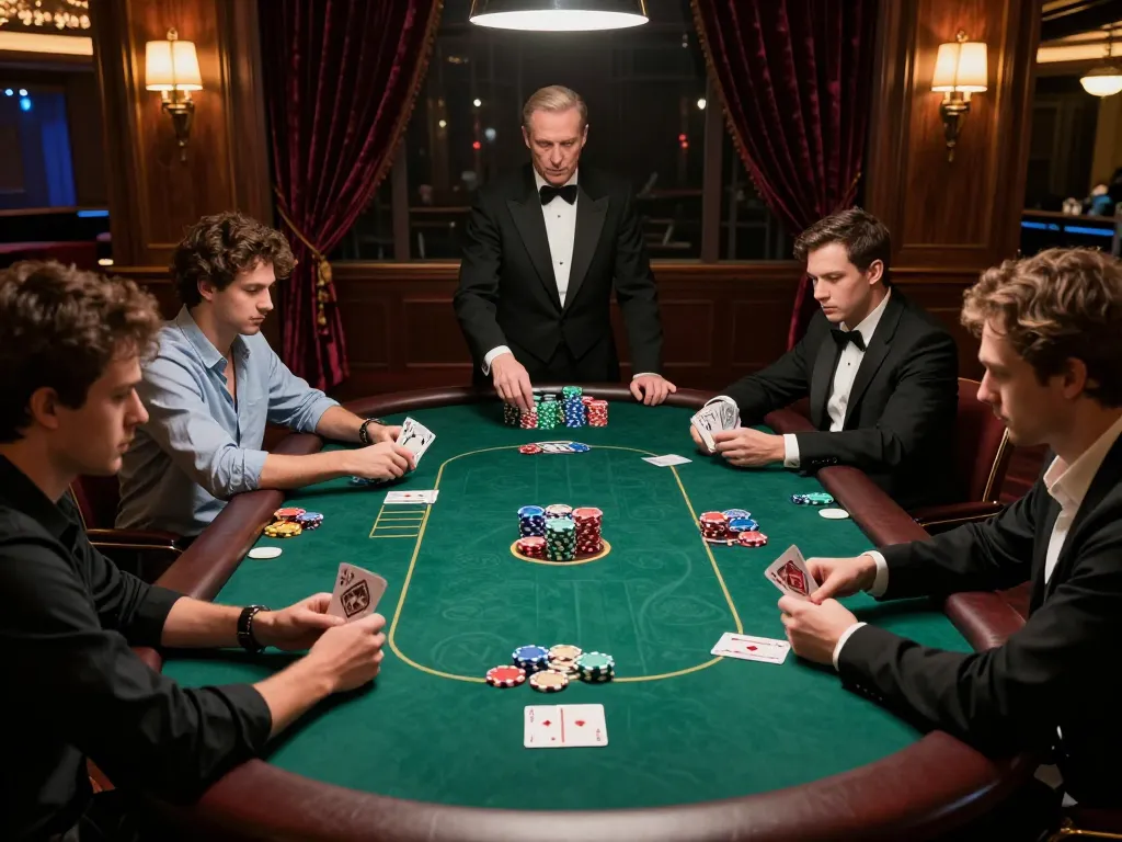Engaged poker game at 98win casino with focused players and colorful chips on the table