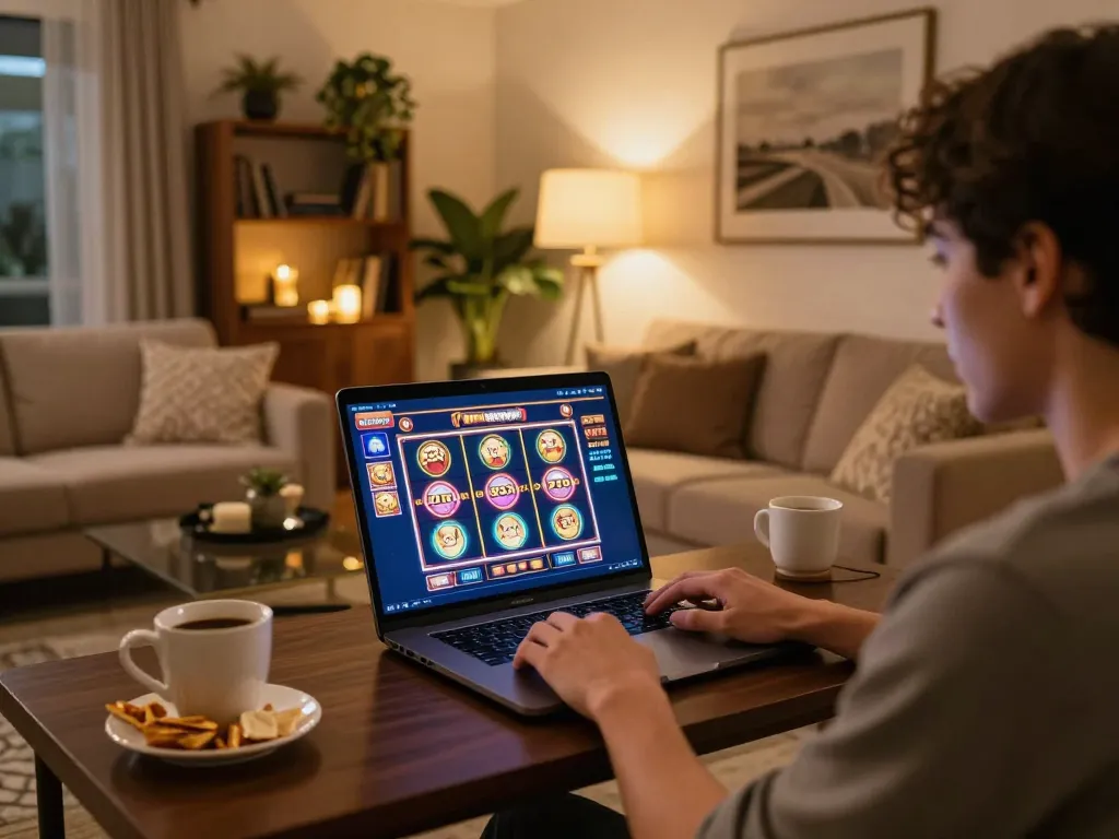 Engaged player enjoying 78win online casino game in cozy living room.