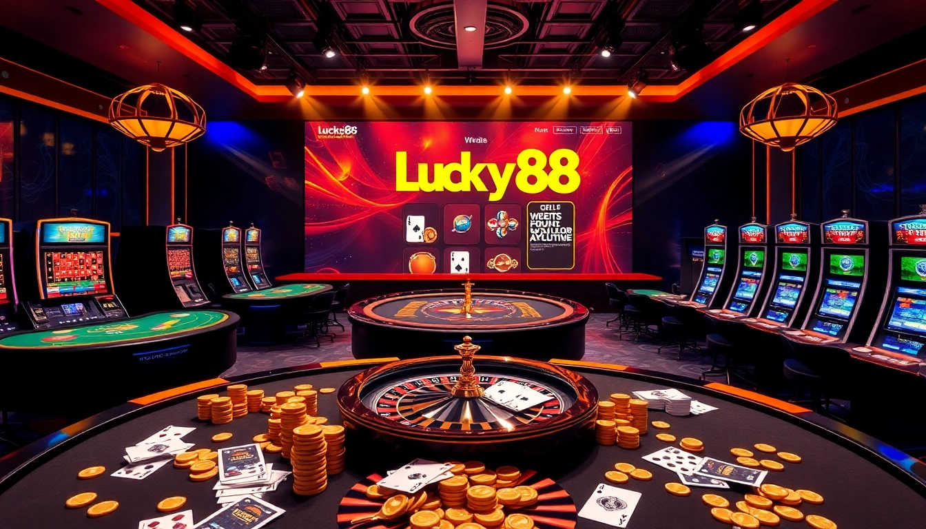 Exciting gambling action visualizing the Website Lucky88's lavish gaming experience.