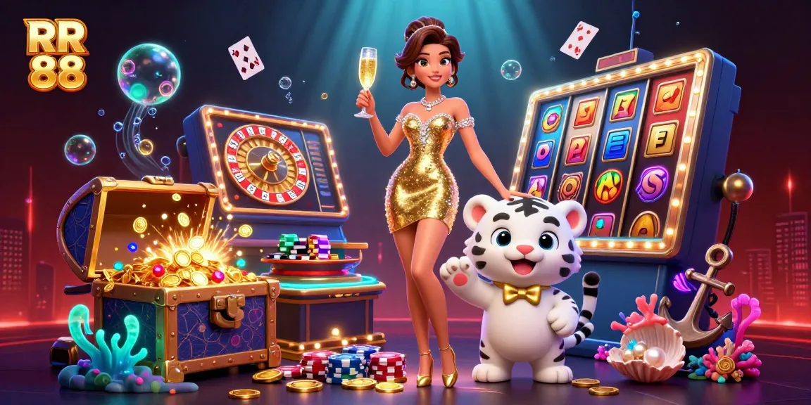 Experience the glamour of RR 88 casino with a stunning illustration of a woman and a lucky white tiger.