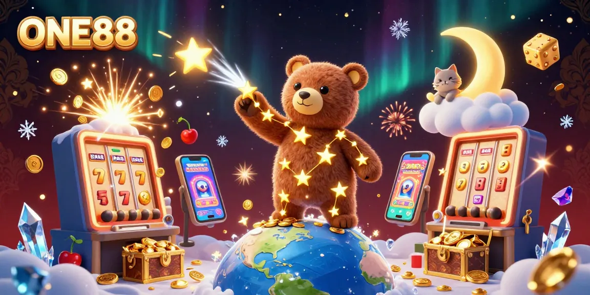 Experience the excitement of ONE88 with a vibrant 3D illustration of stars, games, and jackpots.